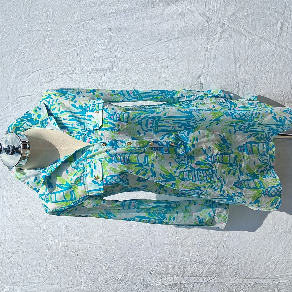 Colorful Lilly Pulitzer button-up tunic, blue, green, pink, dress, top, beach, S